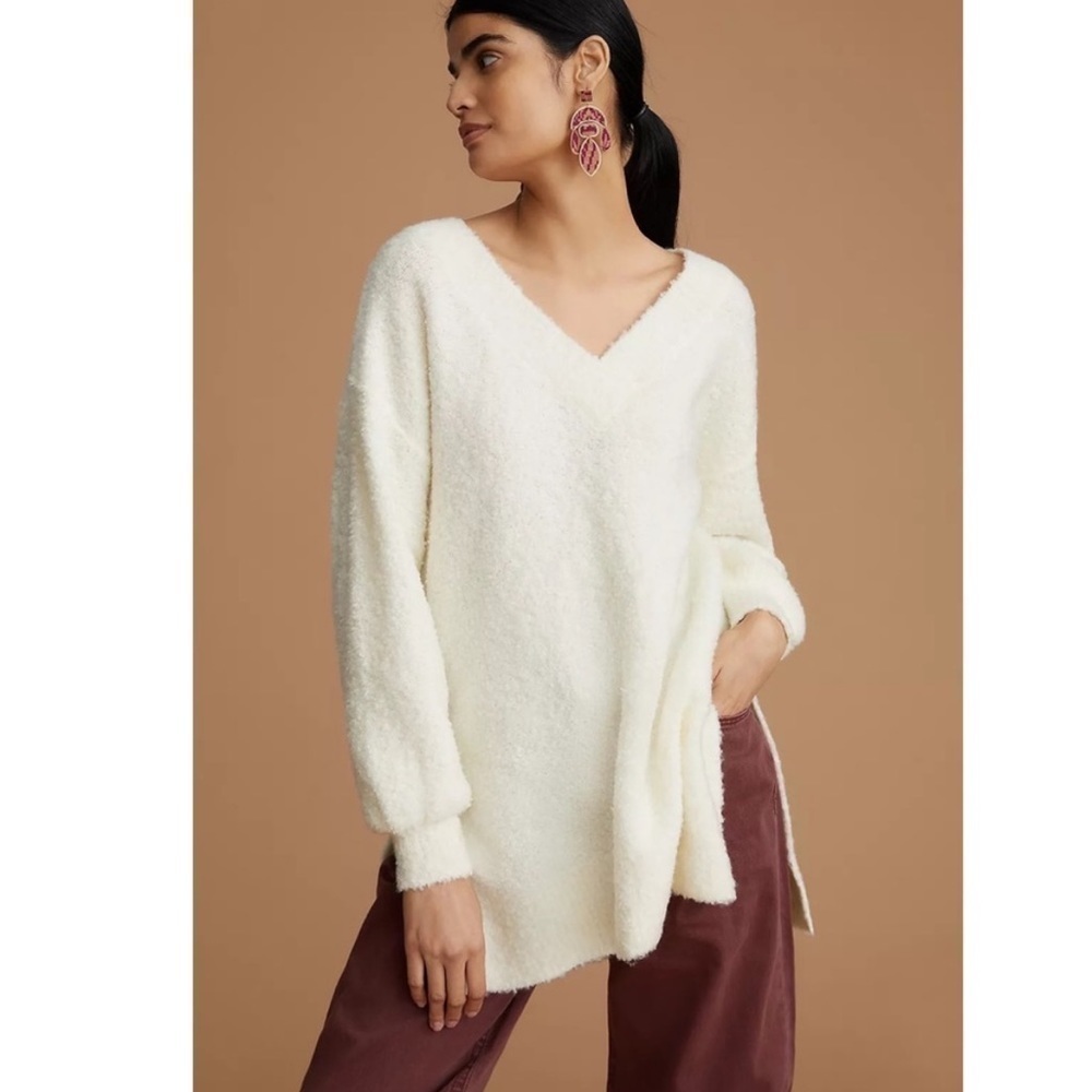 ANTHROPOLOGIE Pilcro Teddy V-Neck Tunic Sweater Small Fuzzy Cozy